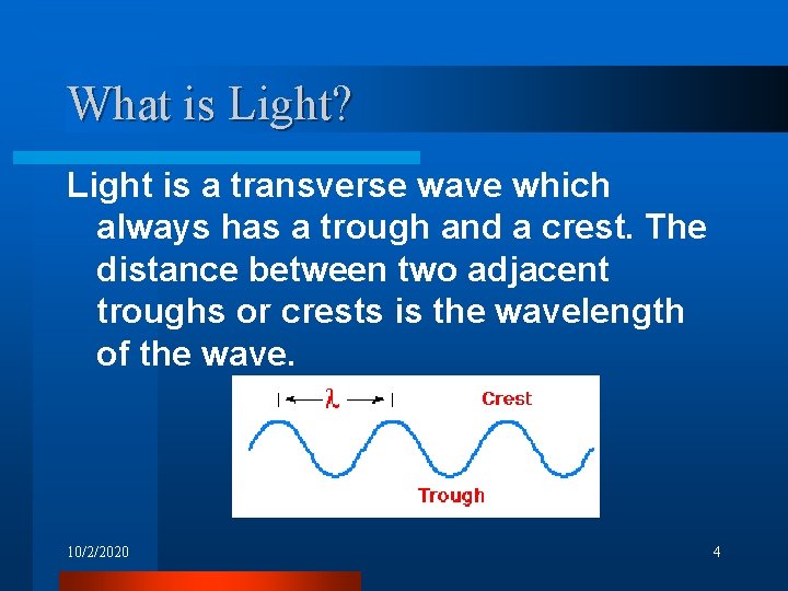 What is Light? Light is a transverse wave which always has a trough and