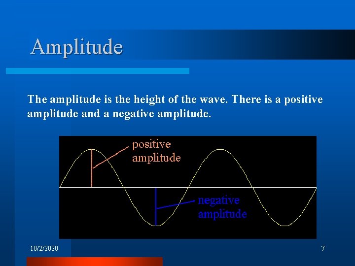 Amplitude The amplitude is the height of the wave. There is a positive amplitude