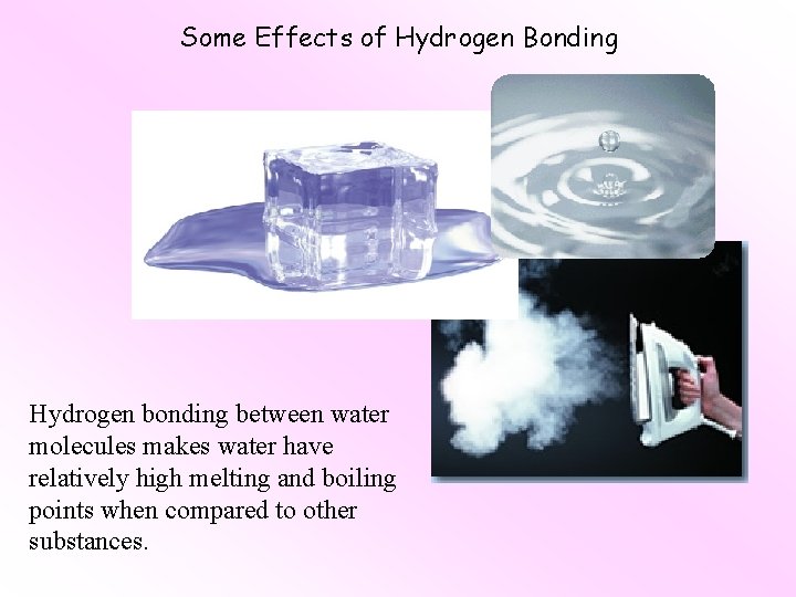 Some Effects of Hydrogen Bonding Hydrogen bonding between water molecules makes water have relatively