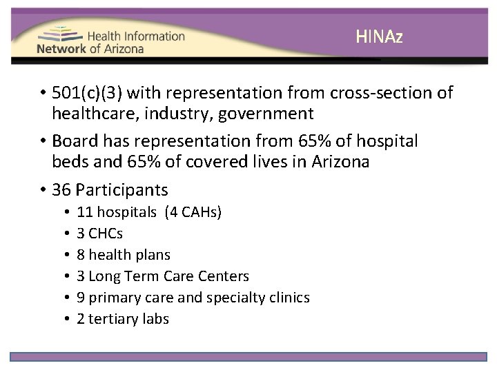 HINAz • 501(c)(3) with representation from cross-section of healthcare, industry, government • Board has