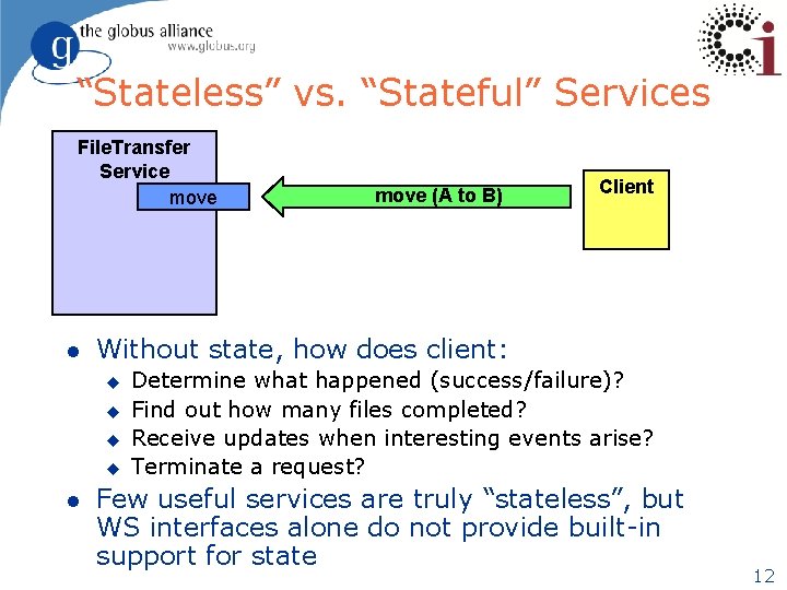 “Stateless” vs. “Stateful” Services File. Transfer Service move l Client Without state, how does