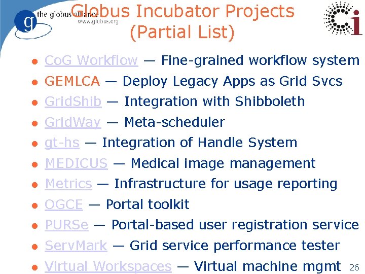 Globus Incubator Projects (Partial List) l Co. G Workflow — Fine-grained workflow system l