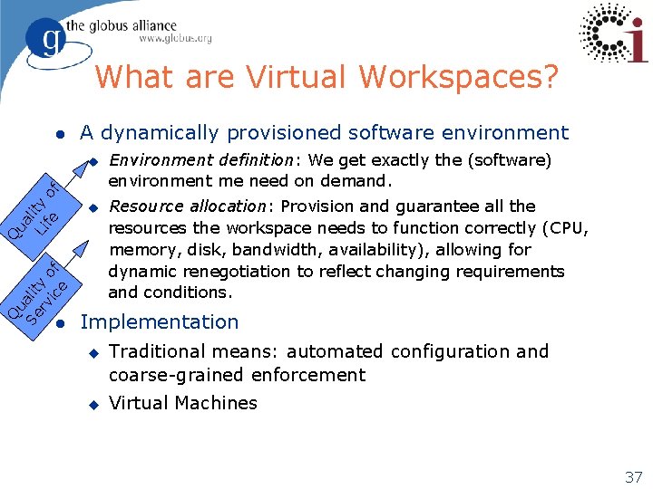 What are Virtual Workspaces? l A dynamically provisioned software environment u Q ua Se