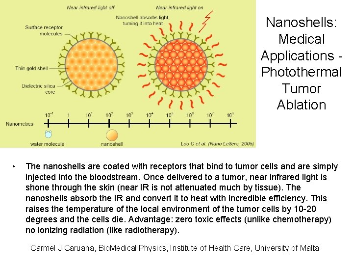 Nanoshells: Medical Applications Photothermal Tumor Ablation • The nanoshells are coated with receptors that