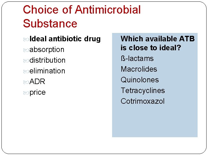 Choice of Antimicrobial Substance Ideal antibiotic drug Which available ATB absorption is close to