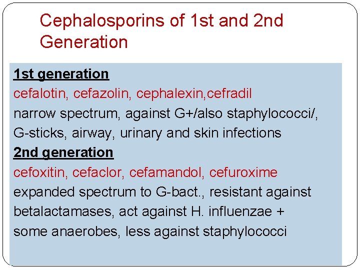 Cephalosporins of 1 st and 2 nd Generation 1 st generation cefalotin, cefazolin, cephalexin,