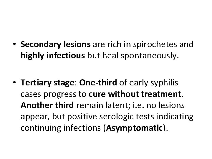  • Secondary lesions are rich in spirochetes and highly infectious but heal spontaneously.