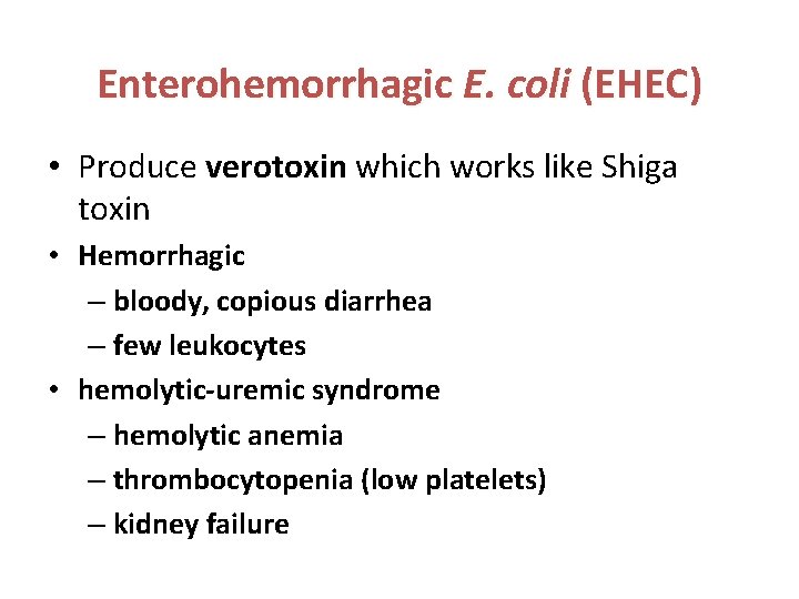 Enterohemorrhagic E. coli (EHEC) • Produce verotoxin which works like Shiga toxin • Hemorrhagic