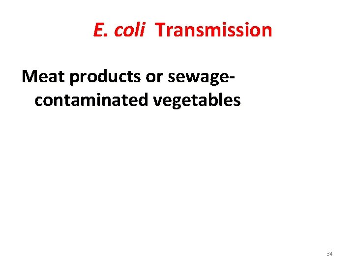 E. coli Transmission Meat products or sewagecontaminated vegetables 34 