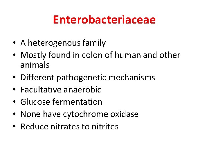 Enterobacteriaceae • A heterogenous family • Mostly found in colon of human and other