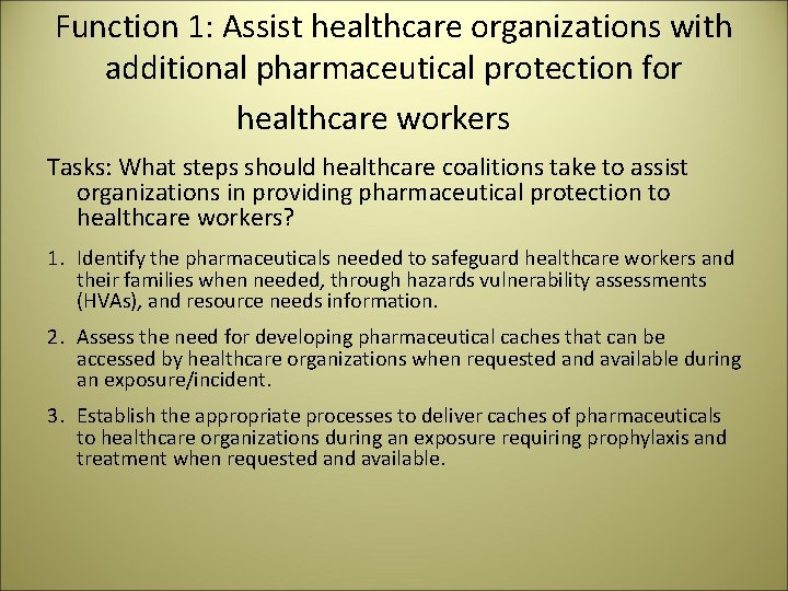 Function 1: Assist healthcare organizations with additional pharmaceutical protection for healthcare workers Tasks: What