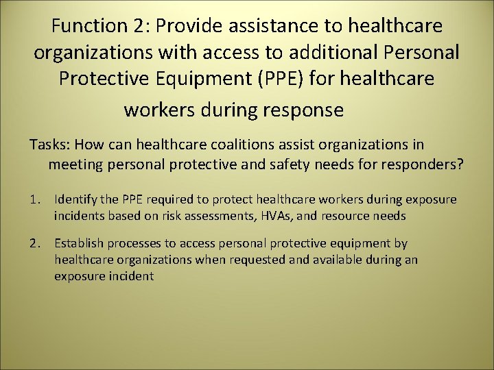 Function 2: Provide assistance to healthcare organizations with access to additional Personal Protective Equipment