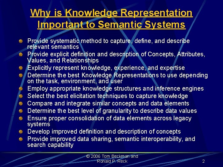 Why is Knowledge Representation Important to Semantic Systems Provide systematic method to capture, define,