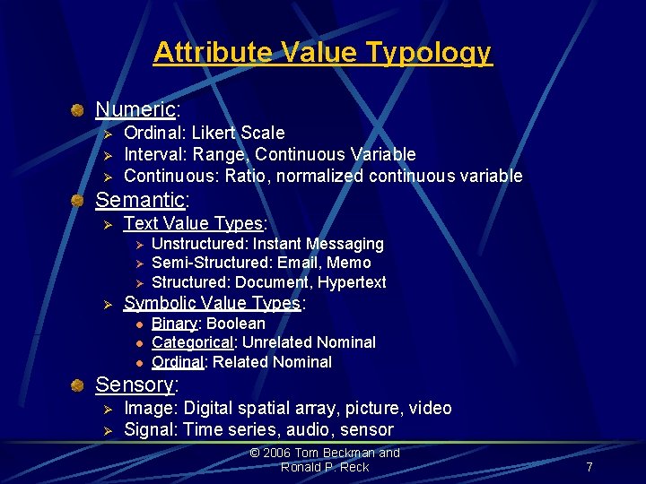Attribute Value Typology Numeric: Ø Ø Ø Ordinal: Likert Scale Interval: Range, Continuous Variable
