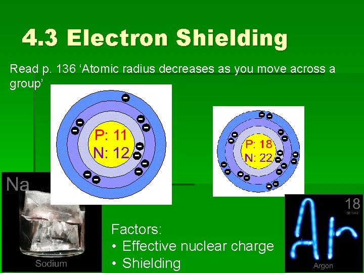 4. 3 Electron Shielding Read p. 136 ‘Atomic radius decreases as you move across
