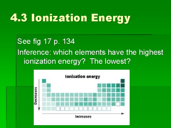 4. 3 Ionization Energy See fig 17 p. 134 Inference: which elements have the