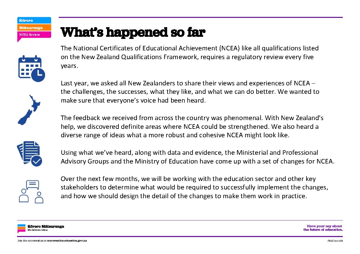 What’s happened so far The National Certificates of Educational Achievement (NCEA) like all qualifications