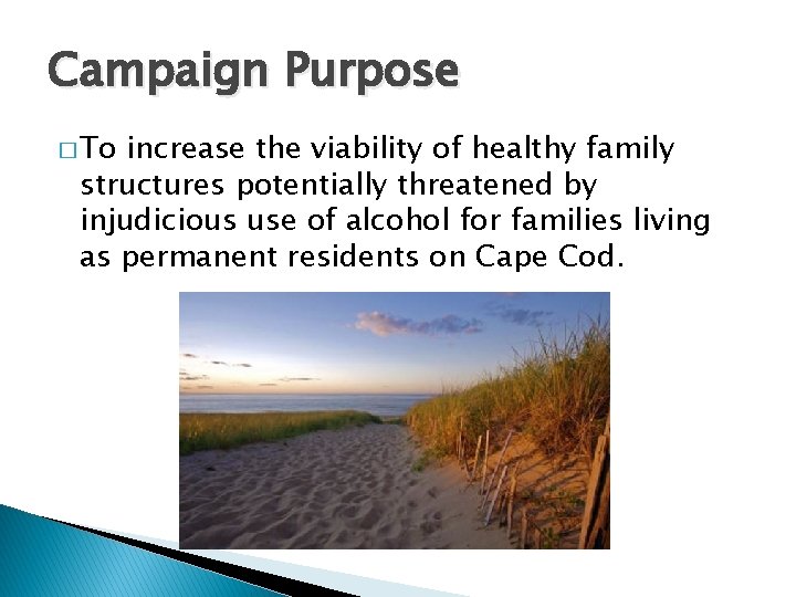Campaign Purpose � To increase the viability of healthy family structures potentially threatened by