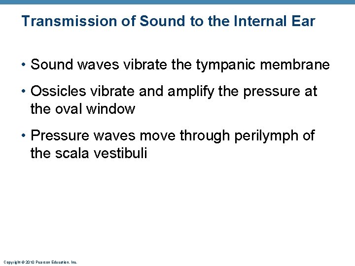 Transmission of Sound to the Internal Ear • Sound waves vibrate the tympanic membrane