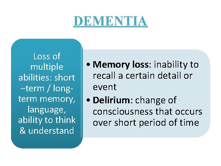 DEMENTIA Loss of multiple abilities: short –term / longterm memory, language, ability to think DEMENTIA Loss of multiple abilities: short –term / longterm memory, language, ability to think
