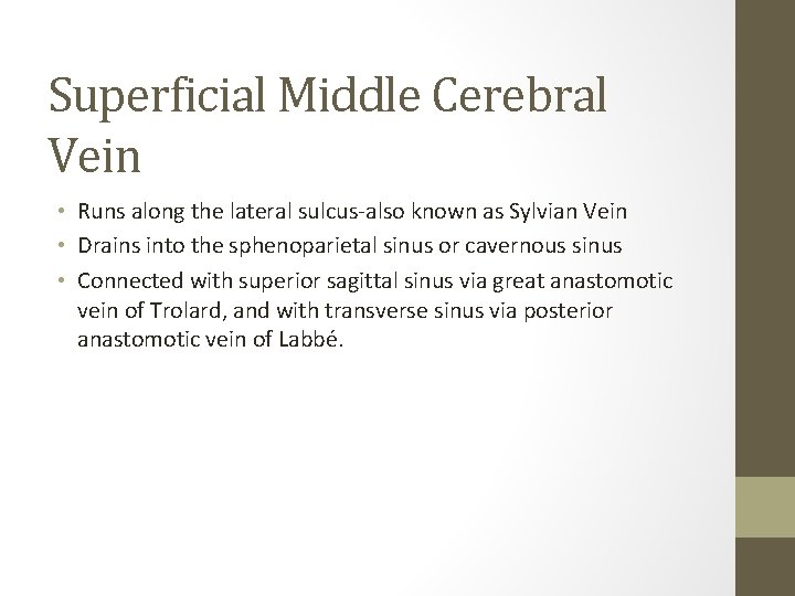 Superficial Middle Cerebral Vein • Runs along the lateral sulcus-also known as Sylvian Vein