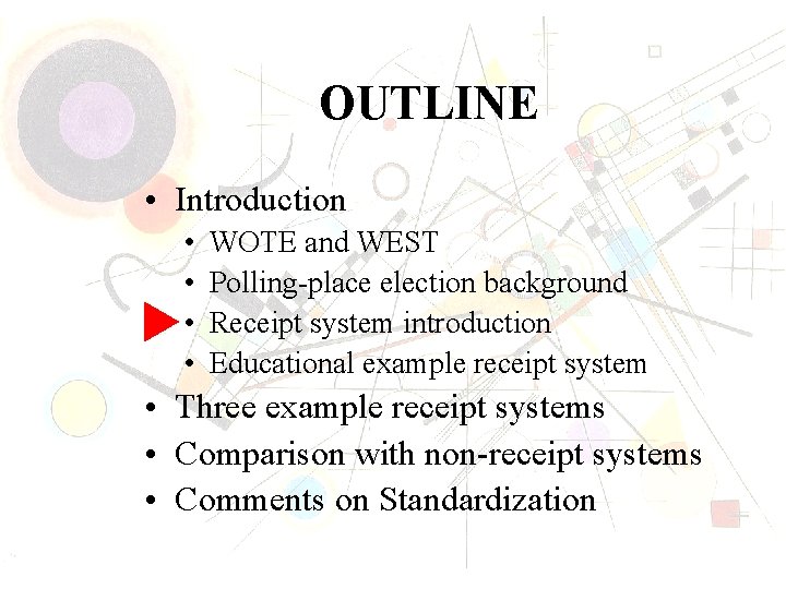OUTLINE • Introduction • • WOTE and WEST Polling-place election background Receipt system introduction