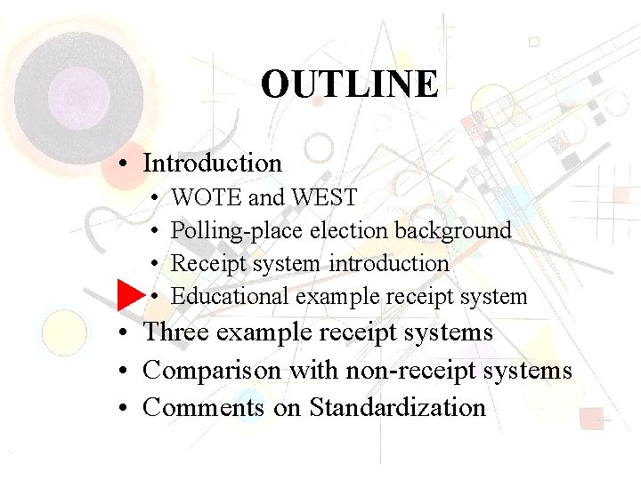 OUTLINE • Introduction • • WOTE and WEST Polling-place election background Receipt system introduction