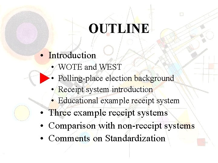 OUTLINE • Introduction • • WOTE and WEST Polling-place election background Receipt system introduction