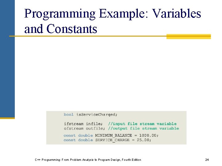 Programming Example: Variables and Constants C++ Programming: From Problem Analysis to Program Design, Fourth Programming Example: Variables and Constants C++ Programming: From Problem Analysis to Program Design, Fourth
