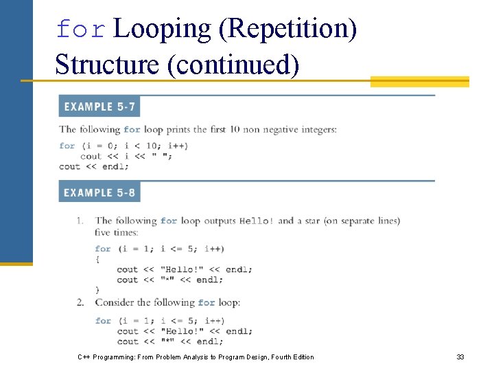 for Looping (Repetition) Structure (continued) C++ Programming: From Problem Analysis to Program Design, Fourth for Looping (Repetition) Structure (continued) C++ Programming: From Problem Analysis to Program Design, Fourth