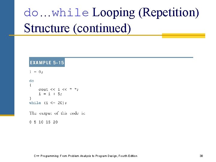 do…while Looping (Repetition) Structure (continued) C++ Programming: From Problem Analysis to Program Design, Fourth do…while Looping (Repetition) Structure (continued) C++ Programming: From Problem Analysis to Program Design, Fourth