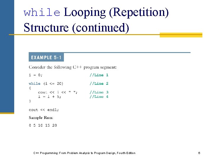 while Looping (Repetition) Structure (continued) C++ Programming: From Problem Analysis to Program Design, Fourth while Looping (Repetition) Structure (continued) C++ Programming: From Problem Analysis to Program Design, Fourth
