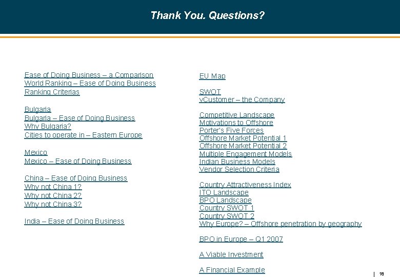 Thank You. Questions? Ease of Doing Business – a Comparison World Ranking – Ease