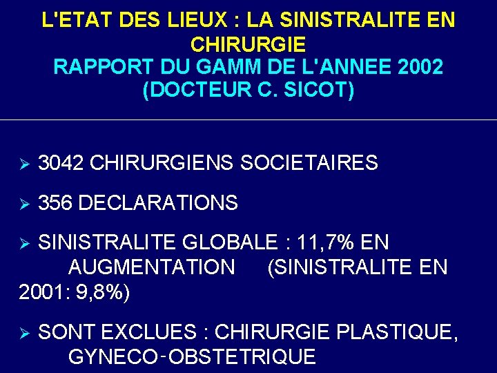 L'ETAT DES LIEUX : LA SINISTRALITE EN CHIRURGIE RAPPORT DU GAMM DE L'ANNEE 2002