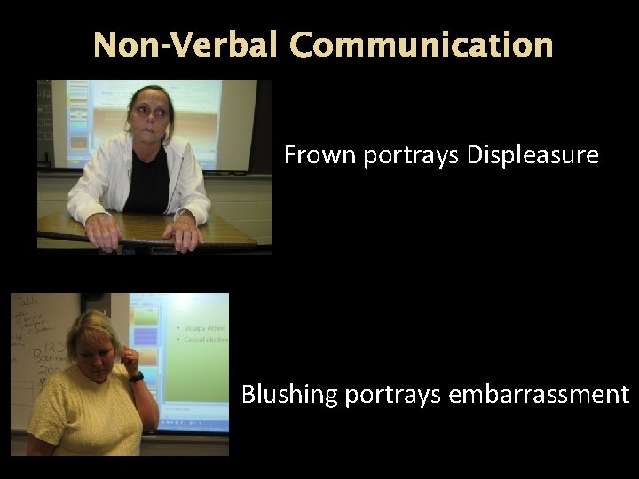 Non-Verbal Communication Frown portrays Displeasure Blushing portrays embarrassment 