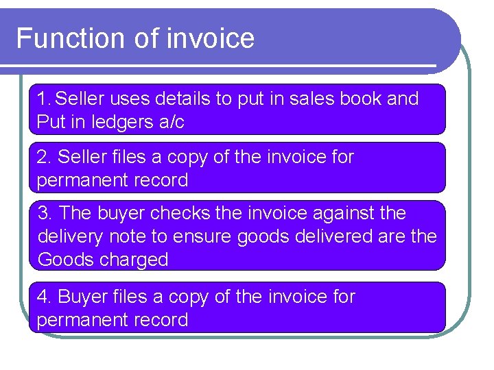 Function of invoice 1. Seller uses details to put in sales book and Put