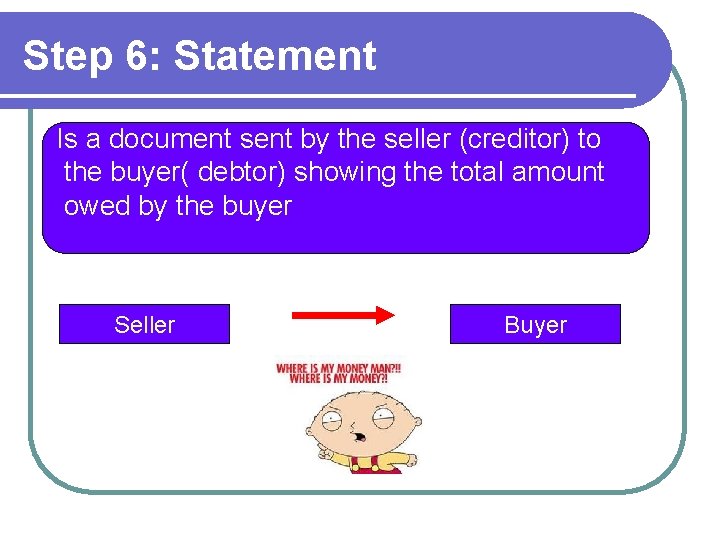 Step 6: Statement Is a document sent by the seller (creditor) to the buyer(