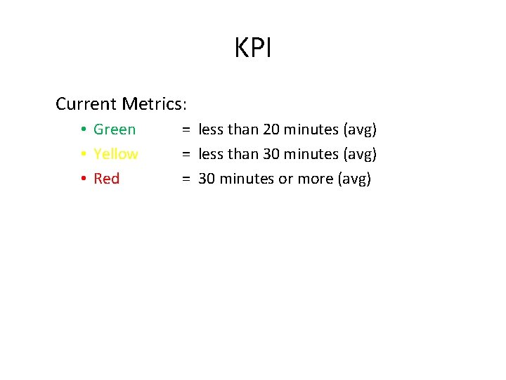 KPI Current Metrics: • Green • Yellow • Red = less than 20 minutes