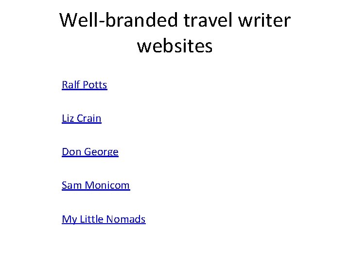 Well-branded travel writer websites Ralf Potts Liz Crain Don George Sam Monicom My Little