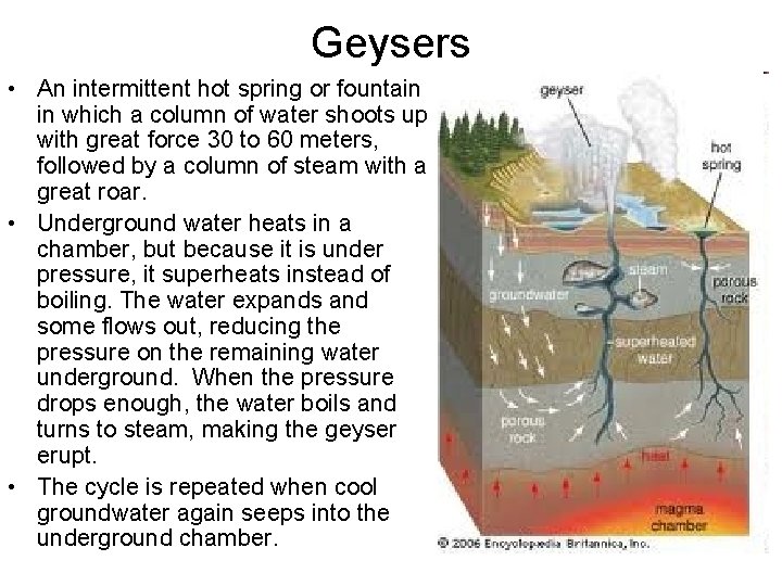 Geysers • An intermittent hot spring or fountain in which a column of water