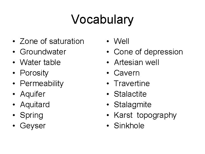 Vocabulary • • • Zone of saturation Groundwater Water table Porosity Permeability Aquifer Aquitard