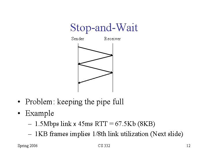 Stop-and-Wait Sender Receiver • Problem: keeping the pipe full • Example – 1. 5