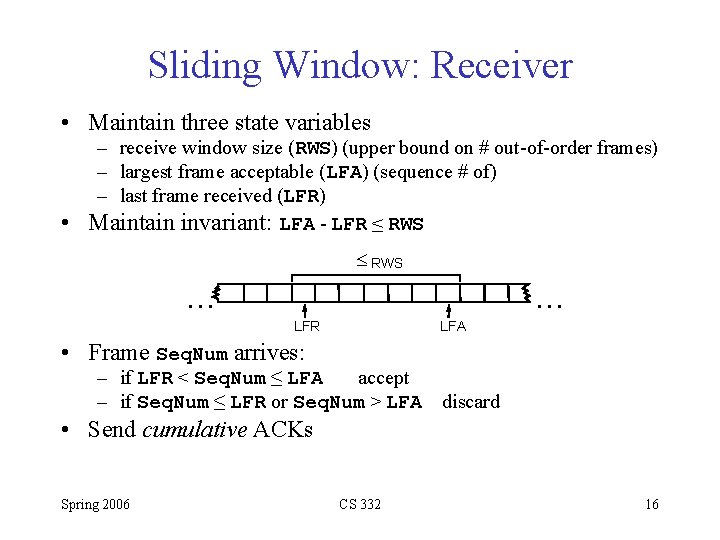 Sliding Window: Receiver • Maintain three state variables – receive window size (RWS) (upper