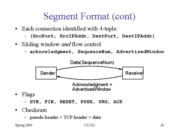 Segment Format (cont) • Each connection identified with 4 -tuple: – (Src. Port, Src.