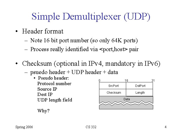 Simple Demultiplexer (UDP) • Header format – Note 16 bit port number (so only