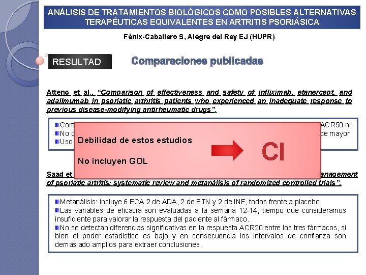 ANÁLISIS DE TRATAMIENTOS BIOLÓGICOS COMO POSIBLES ALTERNATIVAS TERAPÉUTICAS EQUIVALENTES EN ARTRITIS PSORIÁSICA Fénix-Caballero S,