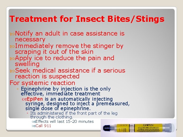 Treatment for Insect Bites/Stings Notify an adult in case assistance is necessary Immediately remove