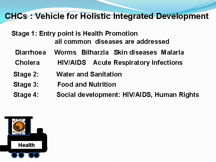 CHCs : Vehicle for Holistic Integrated Development Stage 1: Entry point is Health Promotion