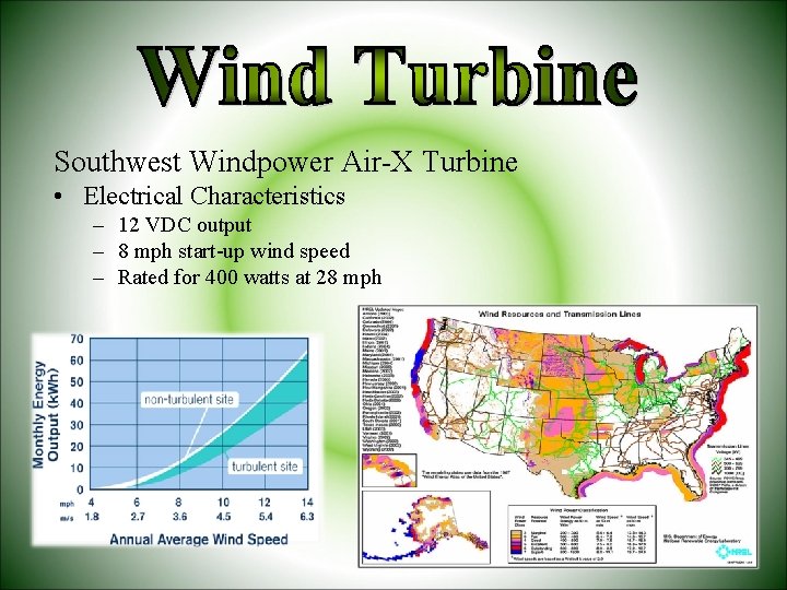 Southwest Windpower Air-X Turbine • Electrical Characteristics – 12 VDC output – 8 mph