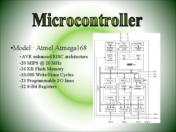  • Model: Atmel Atmega 168 -AVR enhanced RISC architecture -20 MIPS @ 20